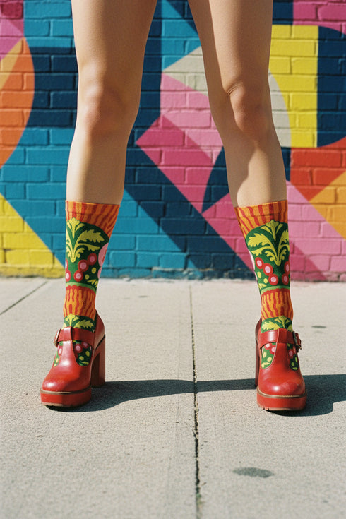 Mid-calf crew sock with a bold retro 70s maximalist botanical print. A deep green base is packed with golden yellow fern-like leaves, pink folk-style flowers with red centers, and clusters of round red and pink berries. Orange and red shell motifs with wavy stripes band the cuff and lower sock. The toe and heel are solid black. The fabric is a soft, stretchy printed knit, made as a one-size unisex statement sock for maximalist and dopamine dressing looks.