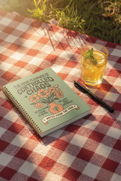 A sage green hardcover spiral planner for 2026 with the title "The 2026 Planner of Controlled Chaos" in a funky, retro 70s-style font. The cover features a groovy illustration of orange and pink flowers in a vase, with one flower depicted as an eyeball. The text reads "Bloom where you're planted. Or just wilt artfully." and "Notes from the Void." The planner has a gold metal wire-o binding. The back cover shows a decorative floral frame with a "Property Of" section