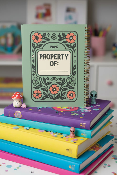 A sage green hardcover spiral planner for 2026 with the title "The 2026 Planner of Controlled Chaos" in a funky, retro 70s-style font. The cover features a groovy illustration of orange and pink flowers in a vase, with one flower depicted as an eyeball. The text reads "Bloom where you're planted. Or just wilt artfully." and "Notes from the Void." The planner has a gold metal wire-o binding. The back cover shows a decorative floral frame with a "Property Of" section