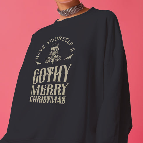 Black sweatshirt with "Have yourself a Gothy Merry Christmas" text and skull wearing Santa hat. Bats and ornate designs surround the skull.