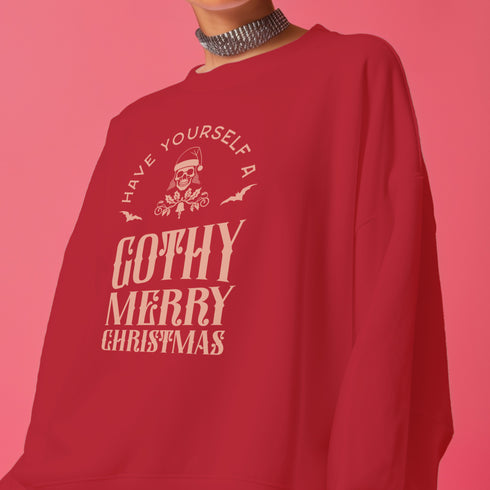 Black sweatshirt with "Have yourself a Gothy Merry Christmas" text and skull wearing Santa hat. Bats and ornate designs surround the skull.