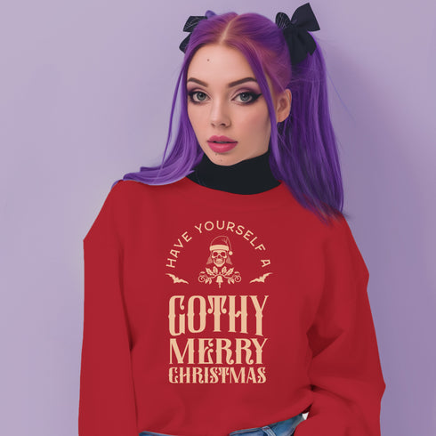 Black sweatshirt with "Have yourself a Gothy Merry Christmas" text and skull wearing Santa hat. Bats and ornate designs surround the skull.