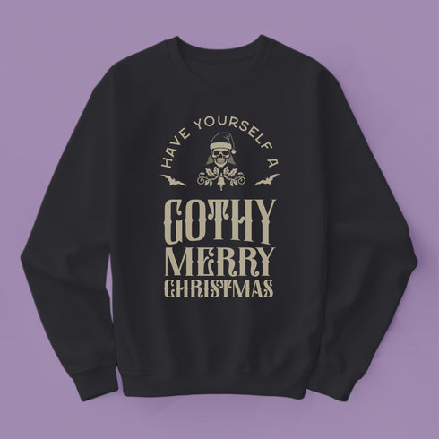 Black sweatshirt with "Have yourself a Gothy Merry Christmas" text and skull wearing Santa hat. Bats and ornate designs surround the skull.