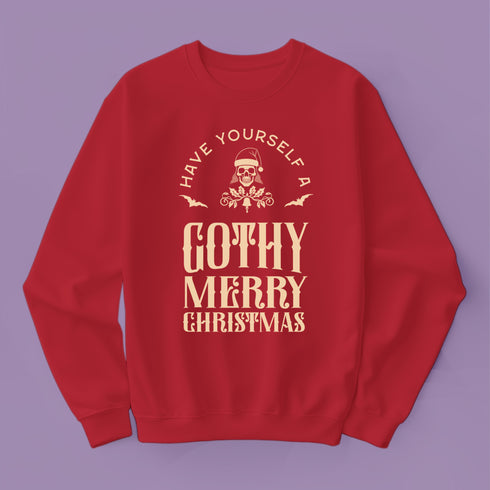 Black sweatshirt with "Have yourself a Gothy Merry Christmas" text and skull wearing Santa hat. Bats and ornate designs surround the skull.