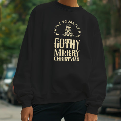 Black sweatshirt with "Have yourself a Gothy Merry Christmas" text and skull wearing Santa hat. Bats and ornate designs surround the skull.