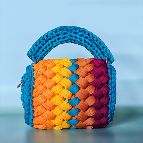 Harmony Woven Crochet Handbag in Teal & Wine