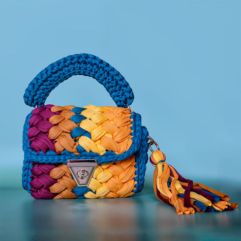 Harmony Woven Crochet Handbag in Teal & Wine
