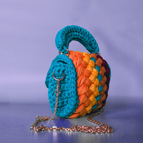 Harmony Woven Crochet Handbag in Teal & Wine