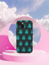 Black phone case featuring bright teal textured ghost pattern with matching star accents. Kawaii-style ghosts with simple black eyes on dark background.