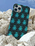 Black phone case featuring bright teal textured ghost pattern with matching star accents. Kawaii-style ghosts with simple black eyes on dark background.