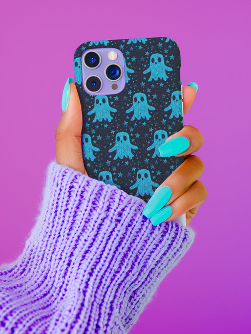 Black phone case featuring bright teal textured ghost pattern with matching star accents. Kawaii-style ghosts with simple black eyes on dark background.