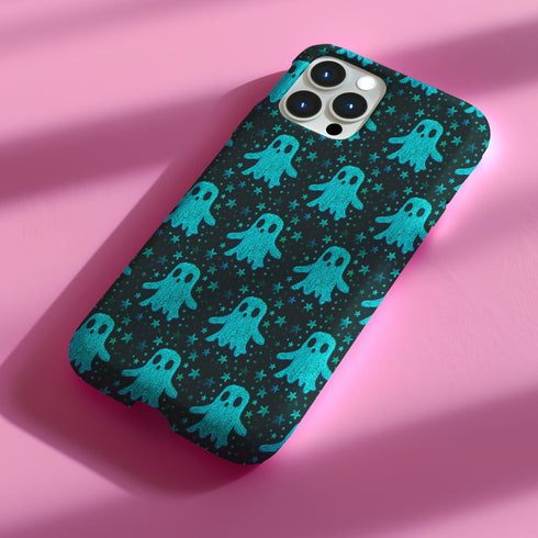 Black phone case featuring bright teal textured ghost pattern with matching star accents. Kawaii-style ghosts with simple black eyes on dark background.