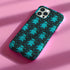 Black phone case featuring bright teal textured ghost pattern with matching star accents. Kawaii-style ghosts with simple black eyes on dark background.