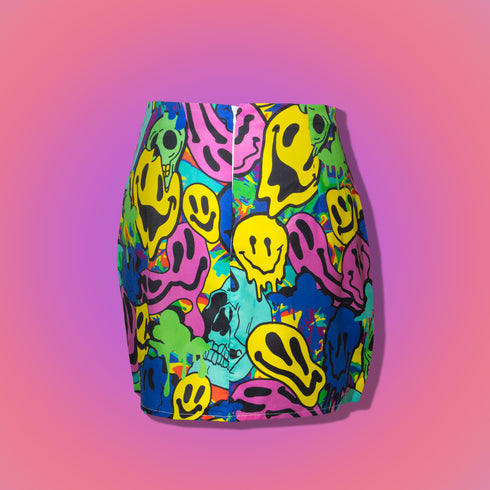 Neon Melted Smiley Print High Waisted Slit Mini Skirt