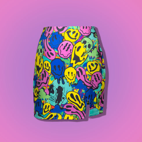 Neon Melted Smiley Print High Waisted Slit Mini Skirt