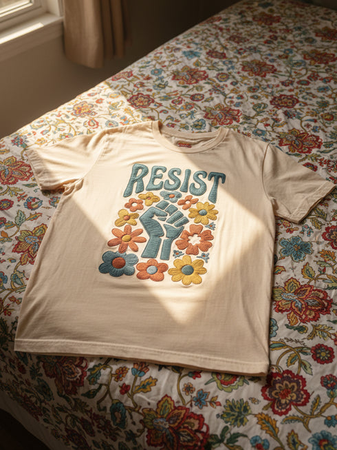 Cream unisex t-shirt featuring a centered design with dark teal raised fist surrounded by folk art botanical elements: crimson and red 5-petal daisies, golden yellow and orange flowers, cornflower blue petals, and small scattered wildflower accents arranged in a symmetrical medallion composition. Dark teal "RESIST" text appears above the fist. The design uses faux embroidery 2D print with dimensional texture detail. Shown on unisex fit with ribbed knit collar and short sleeves.