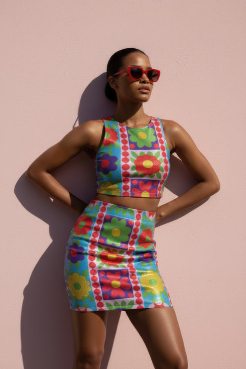 Form-fitting bodycon mini skirt with a mid-rise elastic waistband, falling to mid-thigh in smooth stretch fabric. It features a bold retro patchwork floral print: large mod daisies in red, purple, yellow, and green, set on a sky blue background with scattered green leaves. A central column frames single flowers on purple and pink tiles, edged by red and pink beaded borders. The all-over design is a flat dye-sublimated print, available in a smooth knit or glitter knit finish.