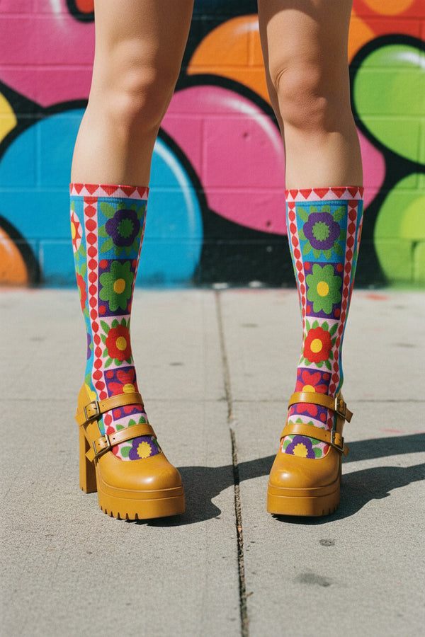 A pair of bright crew socks featuring a vibrant 70s-style maximalist patchwork design. The 2D flat print includes a collage of bold floral motifs in purple, lime green, red, and yellow set against alternating sky blue and light pink square panels. Features a red and white sawtooth border at the cuff and a vertical red scalloped stripe. Reinforced solid black toe and heel. High-quality accessory from black owned shops.