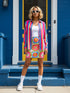 A vibrant bodycon mini skirt featuring a structured grid of retro geometric medallions. The pattern includes concentric circles in red, yellow, and blue, stylized daisy flower motifs, and red and white checkered squares. The skirt has a high-waist elastic band and a smooth, matte performance knit texture. The background is a neutral off-white. This maximalist design utilizes saturated primary colors to create a 70s-inspired psychedelic aesthetic. No purple or navy is present in the print.