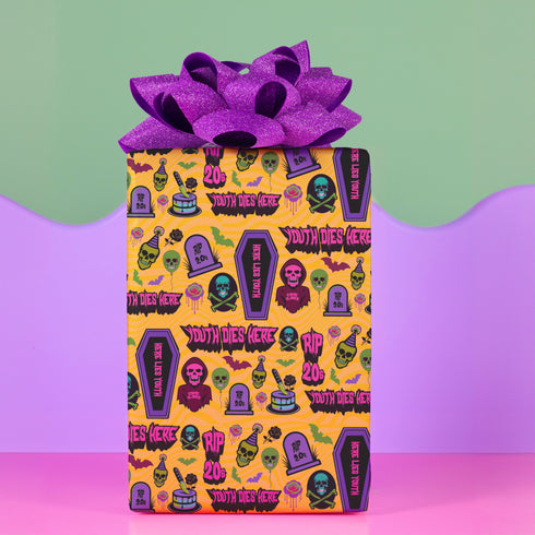 30th Birthday, darkly humorous wrapping paper with neon skulls, tombstones, coffins, and phrases like "Youth Dies Here" and "RIP 20s."