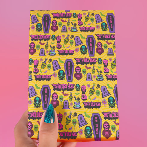 30th Birthday, darkly humorous wrapping paper with neon skulls, tombstones, coffins, and phrases like "Youth Dies Here" and "RIP 20s."