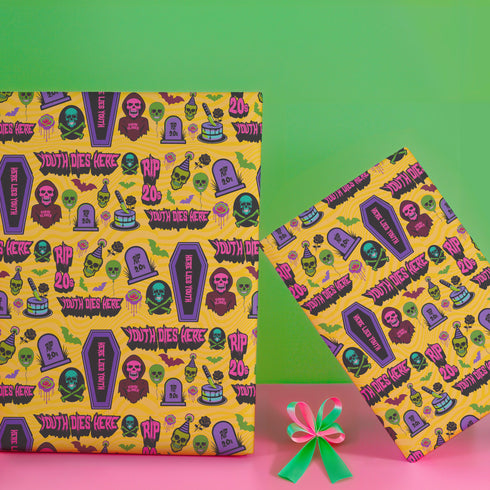 30th Birthday, darkly humorous wrapping paper with neon skulls, tombstones, coffins, and phrases like "Youth Dies Here" and "RIP 20s."