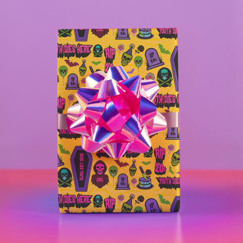 30th Birthday, darkly humorous wrapping paper with neon skulls, tombstones, coffins, and phrases like "Youth Dies Here" and "RIP 20s."