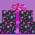 Spooky birthday wrapping paper with neon pink skulls, blue coffins, eyeballs, and bats on black background. Vibrant and gothic design for unique gift presentation.