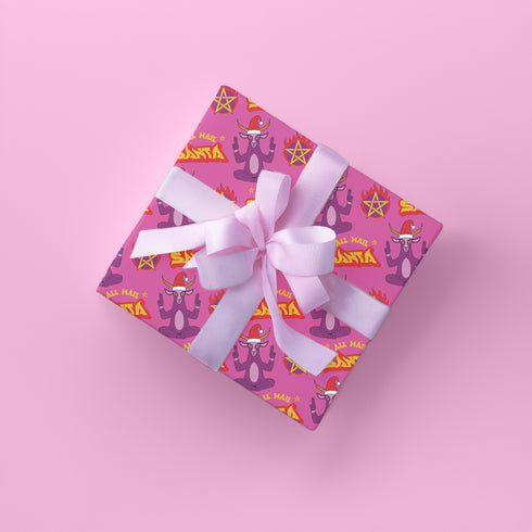 Vibrant pink wrapping paper featuring Occult symbol Baphomet Santas throwing horns, surrounded by flaming pentagrams and "All Hail Santa" text. A punk rock twist on Christmas gift wrap.