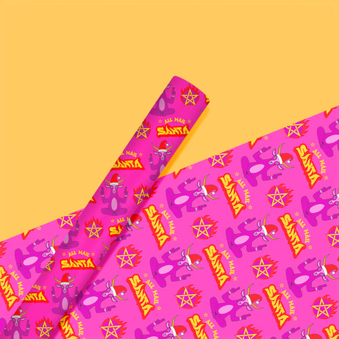 Vibrant pink wrapping paper featuring Occult symbol Baphomet Santas throwing horns, surrounded by flaming pentagrams and "All Hail Santa" text. A punk rock twist on Christmas gift wrap.