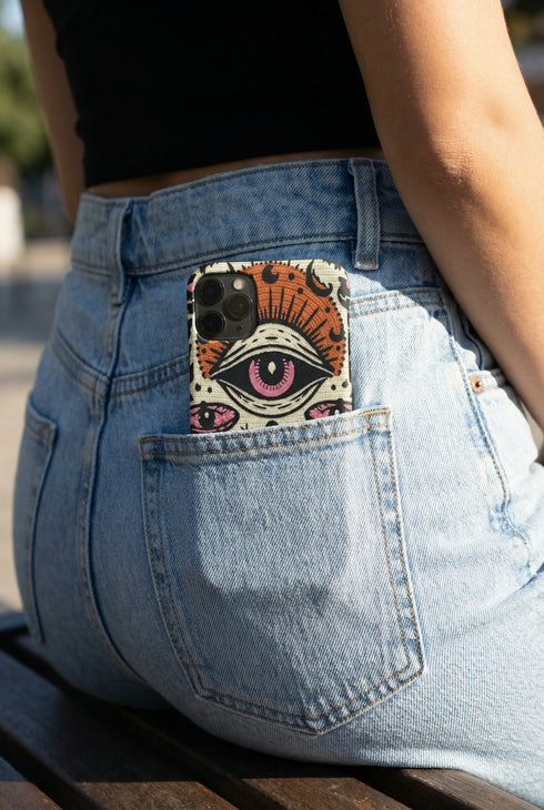 A vertical phone case design featuring a faux crochet texture illusion printed on a cream background. The symmetrical pattern centers on a large black eye with a pink iris and rust-orange sunburst lashes at the top. Below the eye is a black cross surrounded by small black stars. The bottom features a skull with a third rust-orange eye on its forehead. Flanking the skull are two candles with orange flames and rust-colored leaves. The design mimics the look of stitched yarn but is a 2d print.