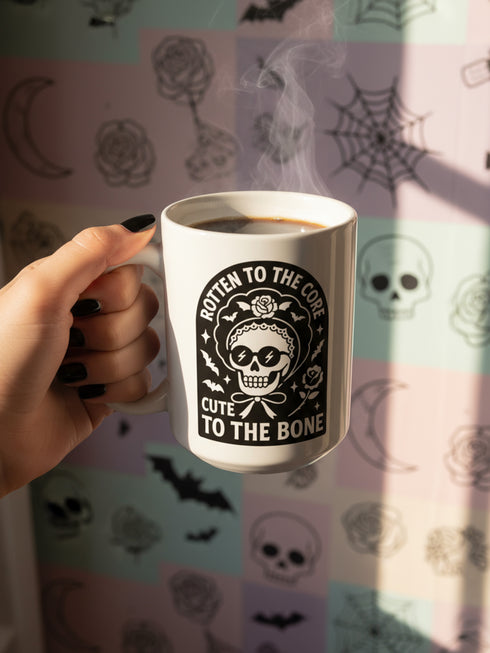 A hand with black nails holds the Gothic Rotten to the Core Skull Mug, 15oz Ceramic Pastel Goth Skeleton Coffee Cup, featuring a skull with roses and bats; perfect for gothic or dark cottagecore enthusiasts. Ideal for unique, expressive gift-giving.