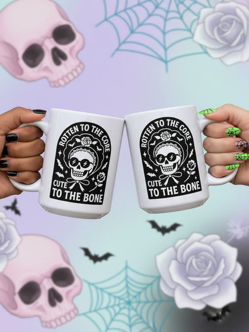 Gothic Rotten to the Core Skull Mug, 15oz Ceramic Pastel Goth Skeleton Coffee Cup, ideal for goth enthusiasts. Perfect quirky gift for those embracing sweetly sinister vibes.