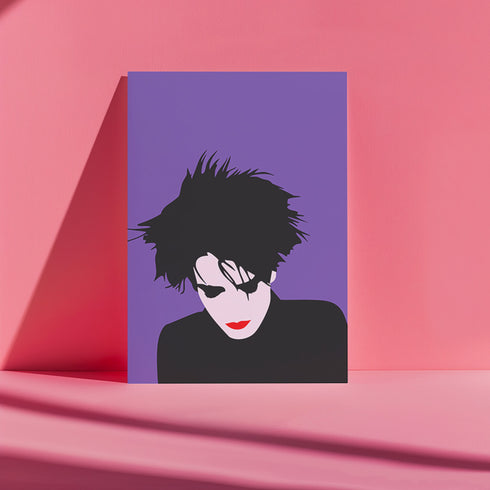 A minimalist portrait of Robert Smith from The Cure against a purple background. The image shows his signature wild black hair, pale white face, and iconic red lipstick in a simplified, high-contrast style. His head is slightly tilted downward in his characteristic brooding pose.