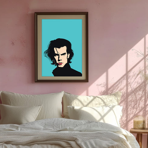 A minimalist portrait of Nick Cave against a turquoise blue background. The image shows his characteristic dark shoulder-length hair, strong facial features, and red-tinted lips in a simplified, high-contrast style. His face is shown in a three-quarter view with an intense, brooding expression typical of his persona.