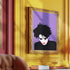 A minimalist portrait of Robert Smith from The Cure against a purple background. The image shows his signature wild black hair, pale white face, and iconic red lipstick in a simplified, high-contrast style. His head is slightly tilted downward in his characteristic brooding pose.