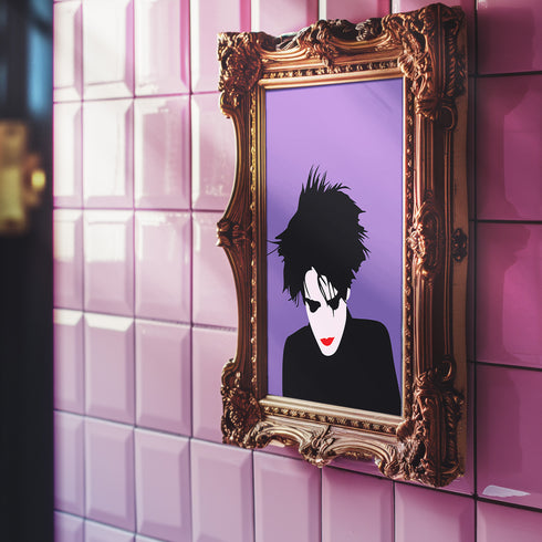 A minimalist portrait of Robert Smith from The Cure against a purple background. The image shows his signature wild black hair, pale white face, and iconic red lipstick in a simplified, high-contrast style. His head is slightly tilted downward in his characteristic brooding pose.