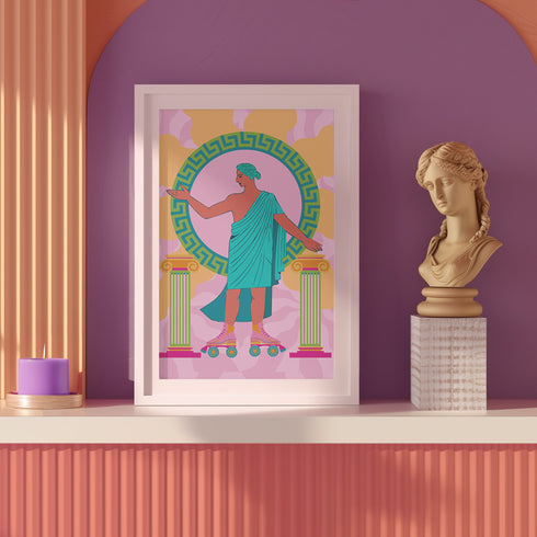 Greek Statue on Roller Skates Art Print