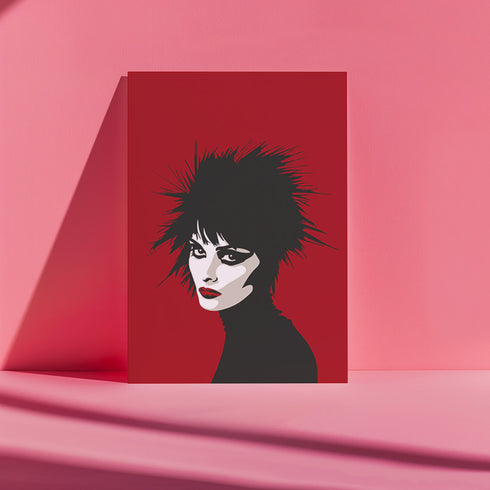 A minimalist portrait of Siouxsie Sioux against a deep red background. The image shows her signature spiky black hair, pale white face, dramatic black eye makeup, and bold red lips in a simplified, high-contrast style. Her face is shown in profile, turned slightly to showcase her distinctive features and punk aesthetic.