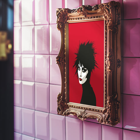 A minimalist portrait of Siouxsie Sioux against a deep red background. The image shows her signature spiky black hair, pale white face, dramatic black eye makeup, and bold red lips in a simplified, high-contrast style. Her face is shown in profile, turned slightly to showcase her distinctive features and punk aesthetic.