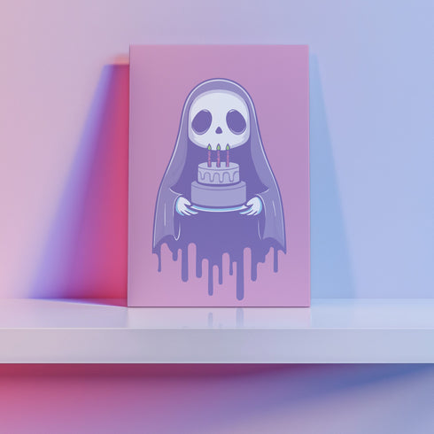 Birthday card featuring a cute cartoon grim reaper holding a birthday cake on pink background. The reaper wears a purple cloak and has a white skull face. It's carrying a small purple cake with three lit candles. The reaper's cloak drips like melting icing at the bottom. Ideal for Halloween birthdays or gothic-themed celebrations. Inside greeting: "Hope your B-day is spooky AF and sweet as cake!"