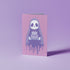 Birthday card featuring a cute cartoon grim reaper holding a birthday cake on pink background. The reaper wears a purple cloak and has a white skull face. It's carrying a small purple cake with three lit candles. The reaper's cloak drips like melting icing at the bottom. Ideal for Halloween birthdays or gothic-themed celebrations. Inside greeting: "Hope your B-day is spooky AF and sweet as cake!"