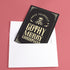 A black holiday card featuring gothic-style text that reads "Have Yourself a Gothy Merry Christmas." The design includes a skull wearing a Santa hat, bats, and ornate decorative borders, combining a dark, spooky aesthetic with festive holiday elements.