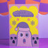 Christmas card with a playful ghost theme. Central cute pink ghost wearing a purple Santa hat, flanked by two smaller purple ghosts. Yellow background with snowflakes. Text reads "Boo HUMBUG" in purple bubble letters. Blends Christmas and Halloween elements for a unique holiday greeting. Inside message: "May your Christmas be filled with delight, not fright.