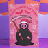 Quirky Christmas card featuring grim reaper in Santa hat. Pink background with bats, snowflakes, skull motifs. Text reads 'Grave Tidings We Bring'. Humorous blend of holiday cheer and gothic aesthetic. Perfect for alternative Christmas greetings.