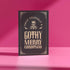 A black holiday card featuring gothic-style text that reads "Have Yourself a Gothy Merry Christmas." The design includes a skull wearing a Santa hat, bats, and ornate decorative borders, combining a dark, spooky aesthetic with festive holiday elements.