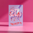A 5x7 birthday card with a horror-comedy design. The front features the word "20s" in pink gooey lettering with a bloody knife stabbing through it, surrounded by red blood splatter. Below it reads "YOU KILLED IT!" in dripping red font, set against a purple background with a rainbow foil tinsel curtain behind it. Inside, the right panel says "HERE'S TO THE NEXT VICTIM: YOUR THIRTIES!" with dripping red blood at the top and a pink cherry garland background.