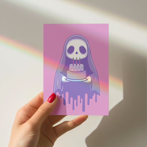 Birthday card featuring a cute cartoon grim reaper holding a birthday cake on pink background. The reaper wears a purple cloak and has a white skull face. It's carrying a small purple cake with three lit candles. The reaper's cloak drips like melting icing at the bottom. Ideal for Halloween birthdays or gothic-themed celebrations. Inside greeting: "Hope your B-day is spooky AF and sweet as cake!"