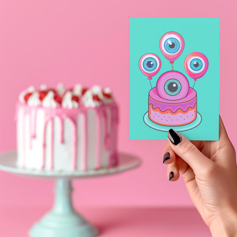 Quirky birthday card with teal background. Pink-purple cake topped by large cartoon eyeball. Three eyeball-shaped balloons float above, each with blue iris and pink edges. Inside message: "Eye Think You're Amazing. Happy Birthday". Playful design combines celebration with surreal humor, creating a memorable and slightly bizarre greeting. Whimsical imagery and pun offer a unique twist on traditional birthday wishes.