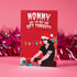 Punk rock Christmas card featuring Glenn Danzig-inspired figure in Santa hat, surrounded by presents. Text reads "Mommmy, can I go out and gift tonight?" Perfect for alternative holiday greetings.